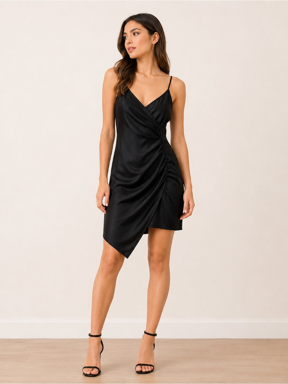 Cristina Black Satin Wrap Mini Dress Size Small